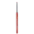Lápis labial Clinique de cor rosada em embalagem cilíndrica com tampa, com texto "Clinique" e "Quick liner for lips" impresso.