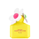 Frasco de perfume amarelo da linha Daisy Marc Jacobs Glow, com tampa em formato de flor branca e rosa. Embalagem simples e minimalista, com o nome da marca e do produto destacados.
