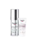 Conjunto Eucerin com dois produtos: frasco prateado de Hyaluron-Filler Sérum Epigenetic com Epicelline e tubo branco de Anti-Pigment com 2% AHA Complex. Embalagens em tons prata e branco com logotipo Eucerin vermelho.