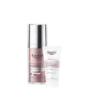 Conjunto Eucerin Anti-Pigment com dois produtos: frasco pump metalizado contendo Dual Sérum Facial com Thiamidol patenteado, e tubo branco com Gel de Limpeza Esfoliante 2% AHA Complex de 20g.