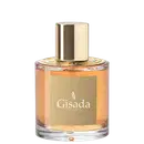 Perfume Gisada Switzerland em frasco cilíndrico de vidro com líquido âmbar. Tampa dourada cilíndrica. Rótulo bege com logo branco e texto "Gisada Switzerland". Design elegante e sofisticado.