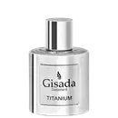 Frasco de perfume Gisada Titanium com embalagem cilíndrica em tons prateado e branco. Tampa metálica espelhada, rótulo central com logo da marca e nome do produto em letras pretas. Design minimalista e elegante.