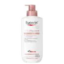 Frasco branco com bomba rosada da linha Anti-Pigment da Eucerin, contendo 400ml de loção corporal hidratante que uniformiza o tom da pele.