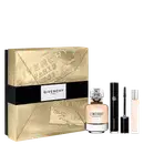 Kit Givenchy L'Interdit com caixa dourada texturizada, frasco de perfume bege com tampa cristal, mascara preta, e frasco travel size.