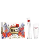 Kit Kenzo Flower com caixa estampada em azul, vermelho e dourado, frasco de perfume com flor vermelha e bisnaga de loção corporal branco.