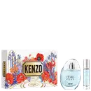 Conjunto Kenzo L'Eau Pure com caixa decorada em azul, vermelho e dourado, frasco de item de perfumaria em vidro transparente com líquido azul claro e frasco spray menor.