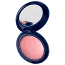 Blush em pó com embalagem redonda azul-marinho, espelho integrado na tampa e produto em tom rosado com acabamento luminoso.