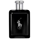 Frasco de perfume preto Polo Black da marca Ralph Lauren com tampa prateada e logotipo da marca em destaque.