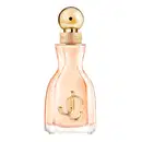 Frasco de item de perfumaria da marca Jimmy Choo, com formato curvilíneo e tampa dourada em formato de olho, em tons de rosa e dourado.