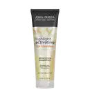Embalagem tubular preta com detalhes dourados e texto branco. Rótulo indicando "Highlight activating for blondes Brightening Shampoo" (Shampoo ativador de luzes para loiras e iluminador). Menciona que ilumina luzes opacas, realça e revitaliza a cor.
