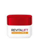 Embalagem branca e vermelha do produto de cuidados com a pele Revitalift Creme Diurno FPS 30 da L'Oréal Paris, com informações sobre o fator de proteção solar visíveis no rótulo.