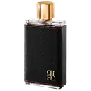 Frasco de perfume Carolina Herrera em embalagem preta com detalhes em vermelho, tampa dourada com logotipo CHHC. Recipiente de vidro com design elegante e sofisticado.