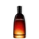 Perfume em frasco de vidro presenta uma gradação de cores que vai do vermelho escuro na parte superior ao laranja claro na parte inferior, e tampa preta. Na parte frontal do frasco, está impresso o nome "Fahrenheit" em letras brancas.