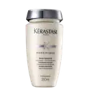 Frasco de shampoo Kérastase Densifique Bain Densite, com 250ml de capacidade, em embalagem branca e prata, com rótulo destacando os ingredientes-chave de ácido hialurônico e gluco-peptídeos.