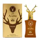 Frasco de perfume da coleção árabe da Lattafa Perfumes, com 25ml de volume, embalado em caixa dourada com imagem de um veado. O frasco possui um design dourado com detalhes em relevo e um bico em forma de chifre de veado.