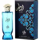 Frasco de perfume Al Saher da marca Al Wataniah, com design elegante em tons de azul e preto. A embalagem apresenta detalhes decorativos e o nome da marca em árabe. O produto é um Eau de Parfum com volume de 100 ml.