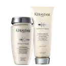 Dois produtos da marca Kérastase Paris: um frasco de Bain Densité, shampoo para cabelos com perda de densidade, e um tubo de Fondant Densité, tratamento lifting e reparador para cabelos com densidade reduzida.