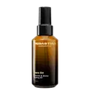 Frasco de óleo escuro da marca Sebastian Professional, com rótulo em preto e dourado, contendo "Dark Oil Smooth & Shine Styling Oil" como descrição do produto.