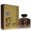 Frasco de perfume Lattafa Oud Edition em embalagem dourada e marrom com ilustração de cavalo. Texto em árabe e inglês indica a marca "Al Fursan". Produto de 100ml com rótulo destacado na caixa.