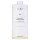 Frasco branco da linha Keune Care Vital Nutrition, contendo shampoo para cabelos secos e danificados. Rótulo com nome do produto e informações sobre o uso.