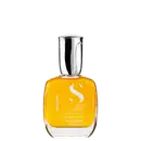 Frasco do óleo da linha Semi di Lino da Alfaparf Milano, com design elegante em vidro transparente e tampa metálica. O rótulo apresenta o nome da linha em letras brancas sobre fundo amarelo.
