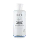 Frasco branco de 300 ml do shampoo Silver Savior da linha Care da Keune, que promete refrescar e tonalizar cabelos loiros e grisalhos.