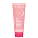 Tubo rosa de gel de limpeza micelar da marca Bioderma, com rótulo indicando "Sensibio Gel moussant" e informações sobre o produto em francês.