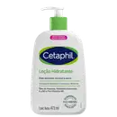 Frasco de loção hidratante da marca Cetaphil, com design moderno e cores verde e azul. Contém 473 ml e destaca-se o texto "Loção Hidratante" e "Pele sensível, normal a seca" na embalagem.