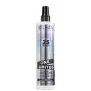 Frasco branco e preto da linha One United da Redken, um tratamento multifuncional com 25 benefícios para todos os tipos de cabelo, incluindo proteção contra frizz e definição da cor.