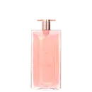 Frasco de perfume Idôle Lancôme de cor rosa claro, com tampa e corpo em formato retangular. Rótulo com nome da marca e informações do produto visíveis.