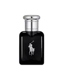 Frasco de perfume preto Polo Black da marca Ralph Lauren com tampa prateada e logotipo da marca em destaque. Embalagem elegante e minimalista em tons escuros.