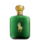 A imagem mostra um frasco de perfume verde, com tampa dourada e a logo da marca no frasco também em dourado.