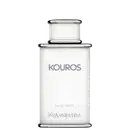 Frasco de perfume Kouros da Yves Saint Laurent, com design elegante e minimalista em tons de branco e cinza. O rótulo destaca o nome da fragrância em letras grandes e o texto "Eau de Toilette" abaixo.