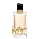 Frasco de perfume Libre Yves Saint Laurent com design elegante e sofisticado. Embalagem de vidro transparente com detalhes dourados, tampa preta e rótulo com logotipo da marca.