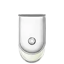 Frasco de perfume Hermès em vidro transparente com tampa arredondada. Rótulo circular com a marca Hermès Paris impresso em preto. Líquido incolor visível no interior do frasco.