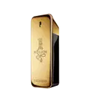 Frasco de perfume dourado com rótulo "1 Million" da marca Paco Rabanne, em formato retangular com detalhes decorativos.