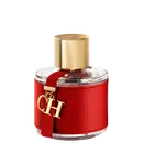 Frasco de perfume Carolina Herrera em embalagem vermelha com detalhes dourados, tampa dourada e logotipo da marca visível.