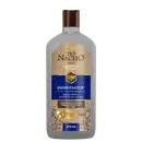 Frasco de shampoo Tío Nacho Engrossador, com 415 mL de volume, apresentando design com textura de favo de mel e rótulo em azul e dourado, destacando a presença de geleia real e extrato de urtigas.