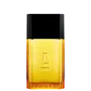 Frasco de perfume Azzaro com design geométrico em preto e amarelo, contendo líquido âmbar. Rótulo com logotipo da marca em destaque.