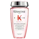 Frasco de shampoo da marca Kérastase Paris, da linha Genesis, com embalagem rosa e prata. O rótulo apresenta o nome da marca, da linha e informações sobre o produto, que é um shampoo fortificante anti-queda.