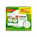 Caixa de suplemento alimentar Centrum Adulto com 60 e 30 comprimidos, em embalagem verde e amarela, destacando descontos de 70% no pacote maior.