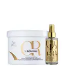 Produtos Wella Professionals: máscara potenciadora de luminosidade Oil Reflections em embalagem branca e frasco de óleo capilar Oil Reflections em embalagem dourada.