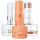 Produtos Wella Professionals: frasco branco de Óleo Reflections, frasco laranja de Nutri-Enrich, frasco branco e dourado de Fusion e pote laranja de Nutri-Enrich, todos com logotipo da marca.
