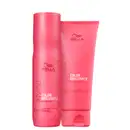 Dois produtos da linha Color Brilliance da Wella Professionals, em embalagens rosa vibrante. Um frasco de shampoo e um tubo de condicionador, ambos com o nome da linha e o destaque para o ingrediente "lime caviar".