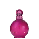 Perfume em frasco de vidro arredondado na cor rosa vibrante. O frasco possui detalhes decorativos rendados em volta do gargalo e pequenos cristais dourados incrustados no corpo. A tampa superior é uma esfera de vidro rosa escuro.