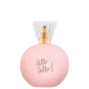 Perfume em frasco arredondado de vidro rosa claro. A tampa é transparente com detalhes dourados. No corpo do frasco, está escrito "Hello Hello!" em letras cursivas. O frasco tem uma forma simples e elegante, com uma silhueta curvilínea.