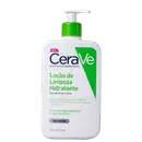 Frasco de loção de limpeza hidratante da marca CeraVe, com embalagem branca e verde, contendo 473 ml do produto. O rótulo destaca que o produto é desenvolvido com dermatologistas e contém 3 ceramidas essenciais e ácido hialurônico.