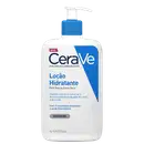 Frasco branco com bomba pump azul da linha CeraVe, contendo loção hidratante para pele seca a extra-seca, com 3 ceramidas essenciais e ácido hialurônico, sem perfume.