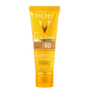 Tubo de protetor solar em gel-creme da linha Ideal Soleil da Vichy, com FPS 60 e embalagem amarela e preta. O produto promete proteção solar diária e uniformidade da pele.