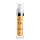 Frasco cilíndrico de 30g transparente com tampa branca. Rótulo laranja com o nome do produto "ivy c AOX" e a marca "Mantecorp skincare". Descrição indicando que contém vitamina C nanoencapsulada, ácido hialurônico e retinol.